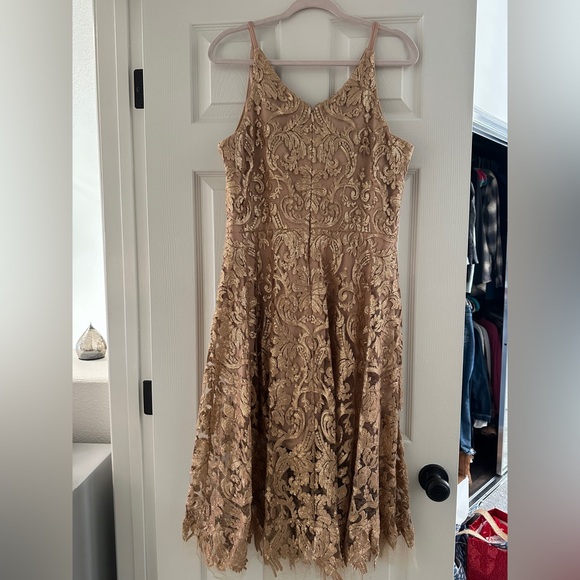 Dress the Population Blair Sequin gold  nude lace midi dress L - Picture 6 of 14